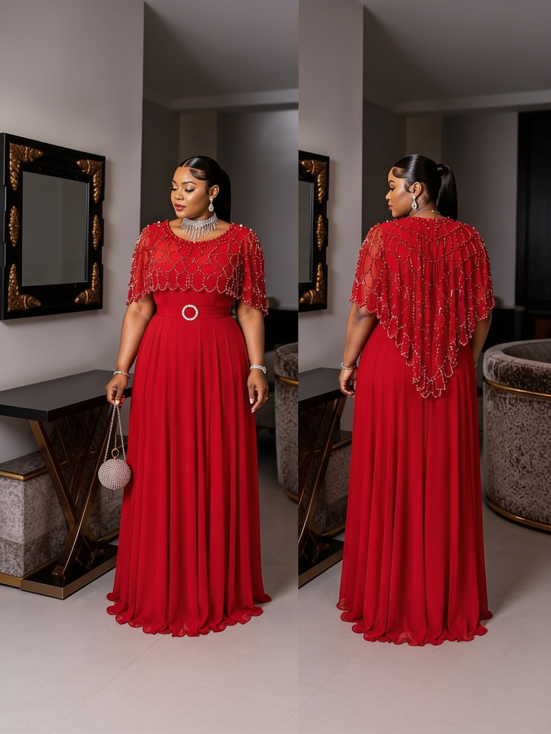Robe Cape Brodée Perles - Rouge face