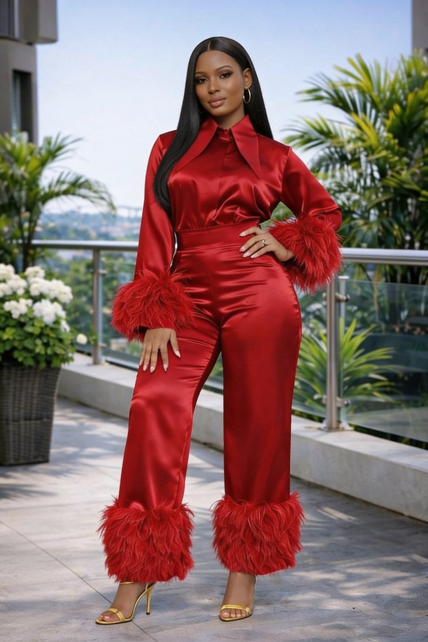 Robe Cape Brodée Perles - Rouge dos