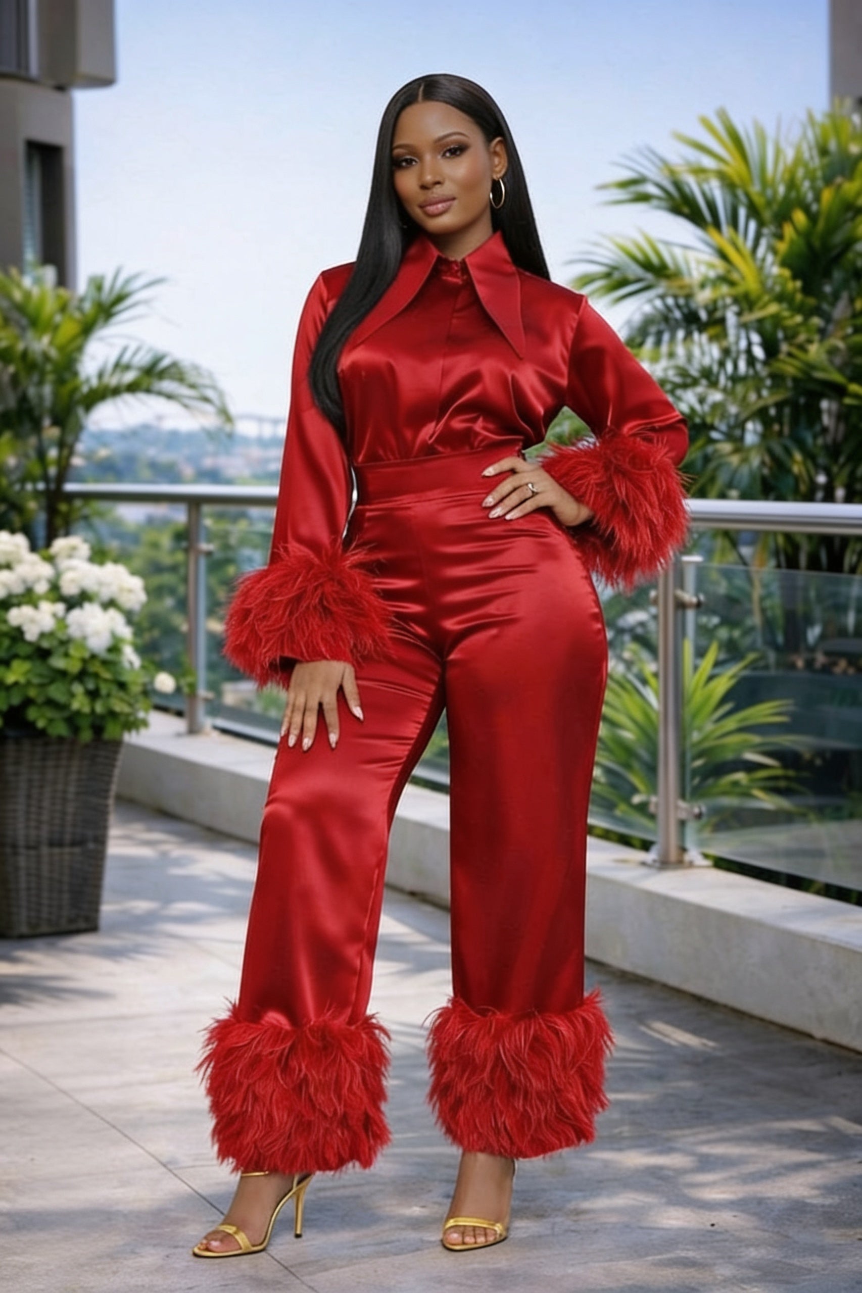 Robe Cape Brodée Perles - Rouge dos