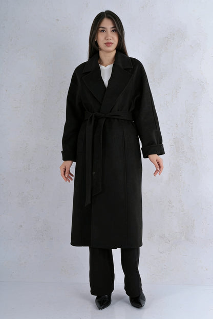Manteau Long Col Revers - Noir face