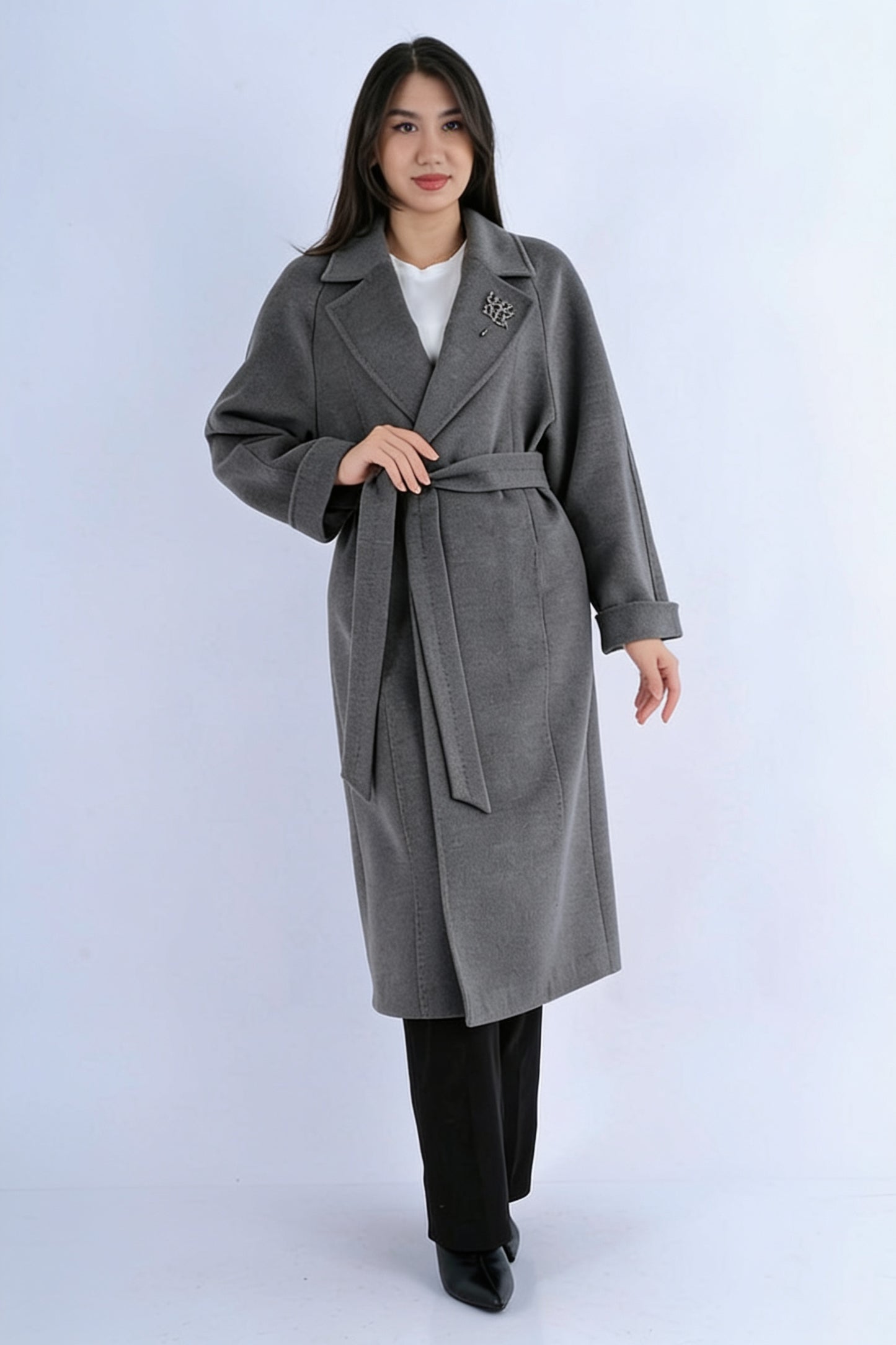 Manteau Long Col Revers - Gris broche