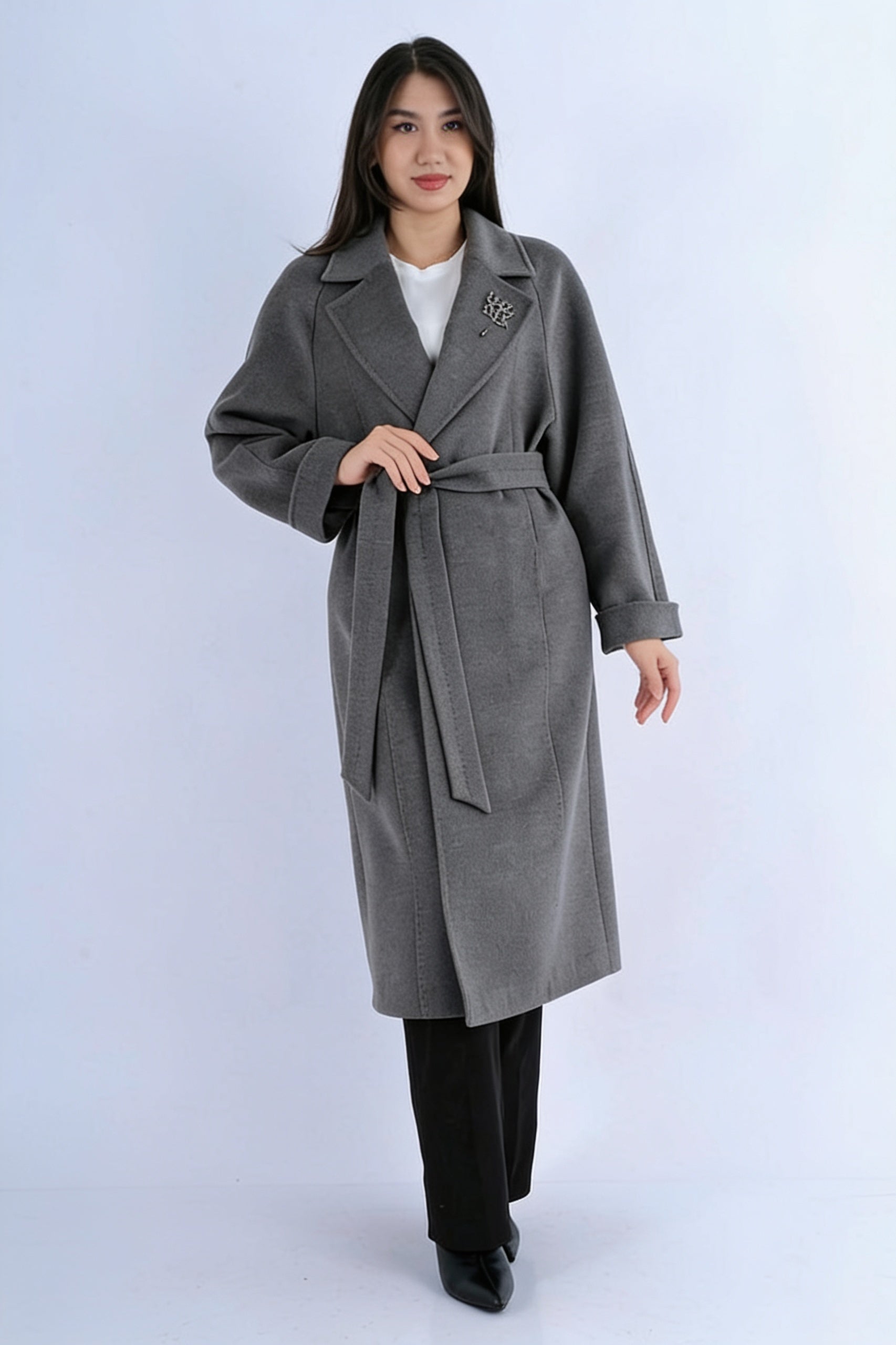 Manteau Long Col Revers - Gris broche