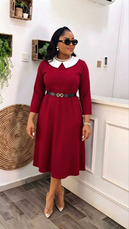 Robe mi-longue à col Claudine - coloris bordeaux