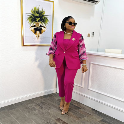 Ensemble 3 Pièces Veste Manches Organza & Pantalon