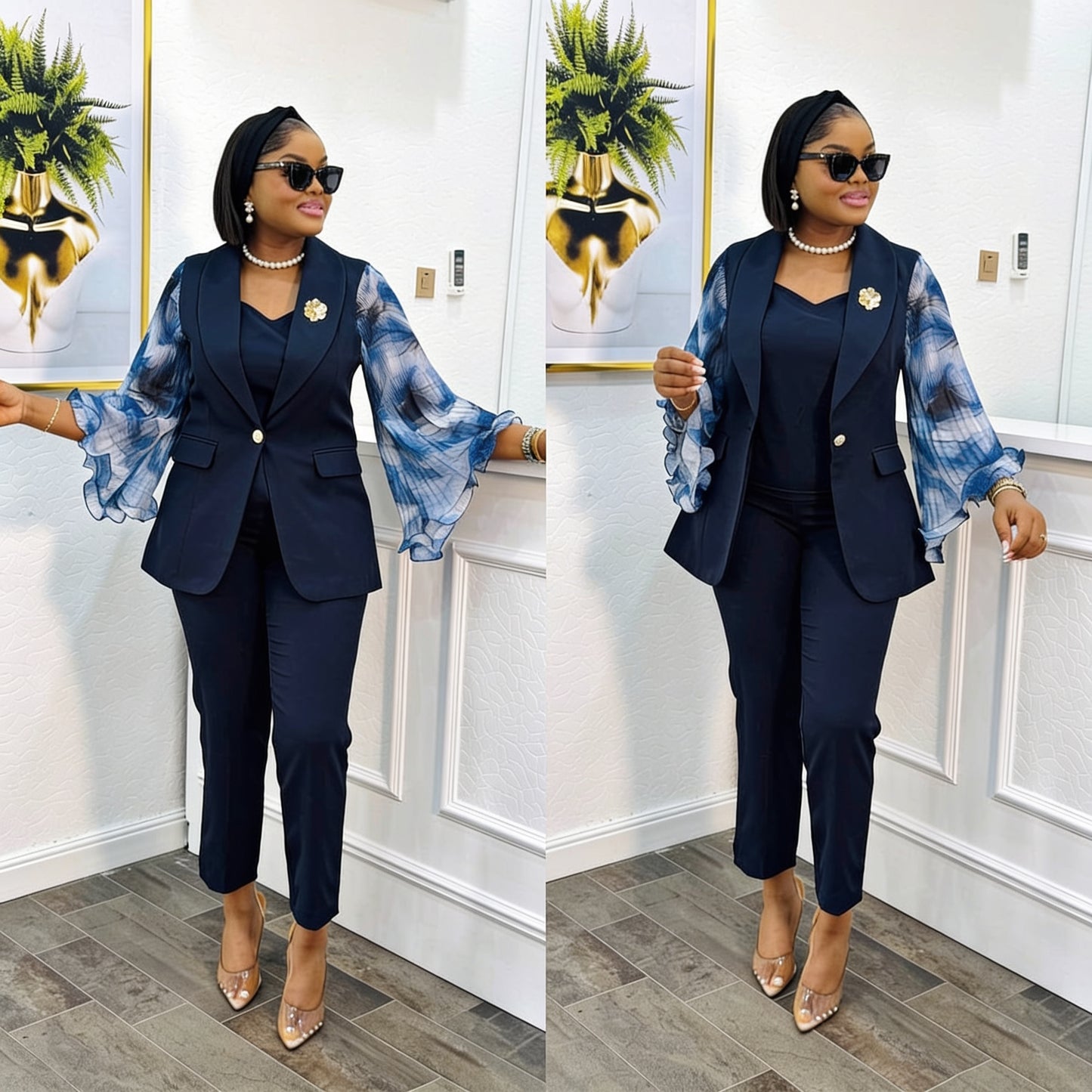Ensemble 3 Pièces Veste Manches Organza & Pantalon