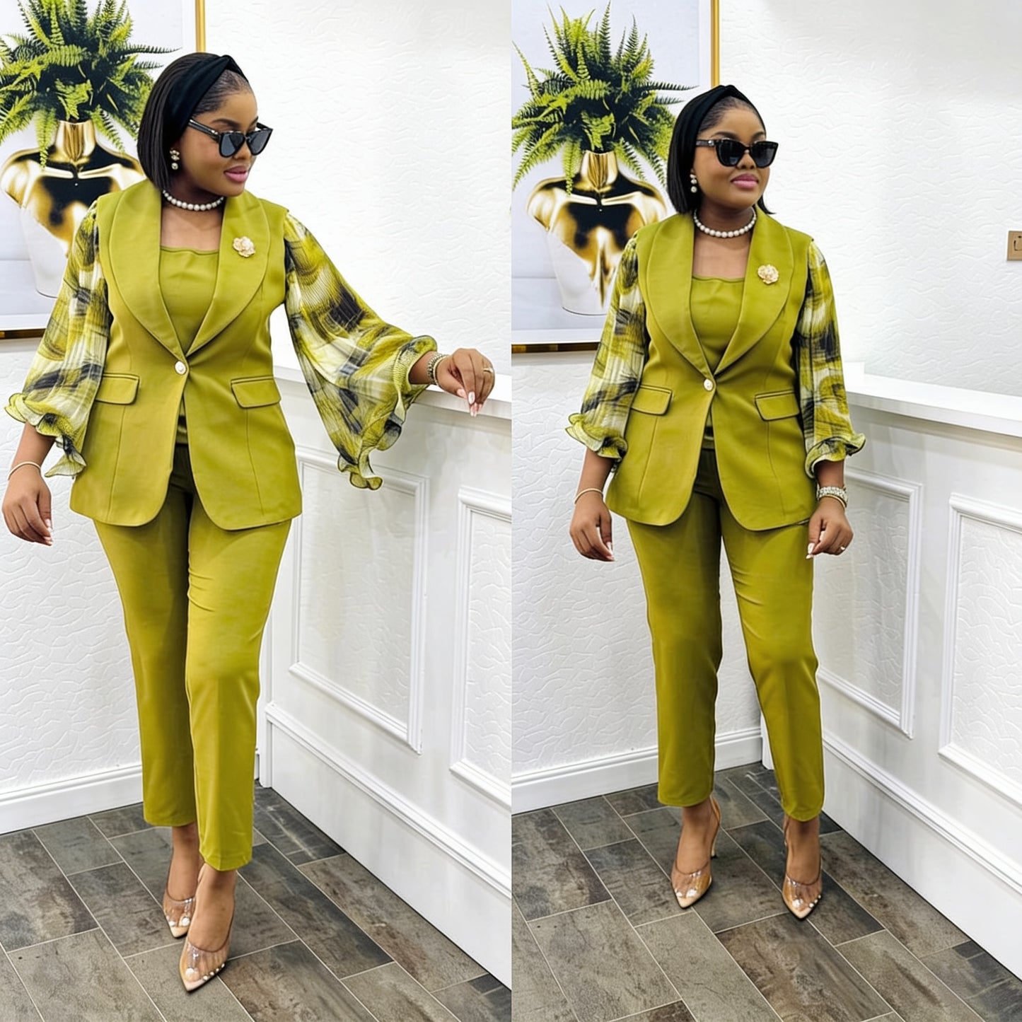 Ensemble 3 Pièces Veste Manches Organza & Pantalon