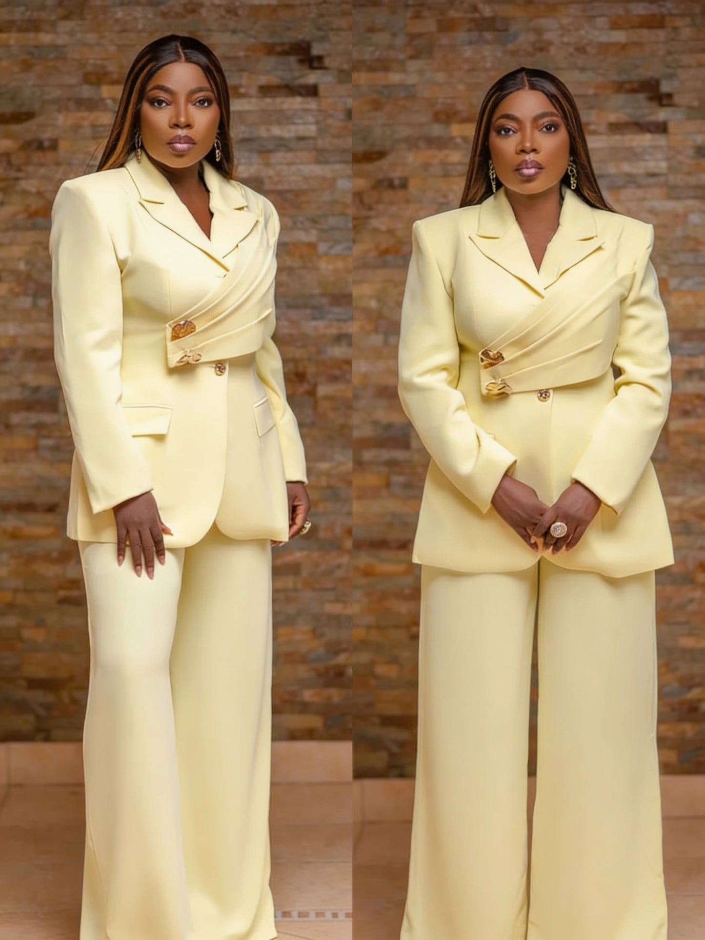 Ensemble 2 Pièces Tailleur Blazer Croisé Boutons Dorés et Pantalon Large - Jaune Pâle