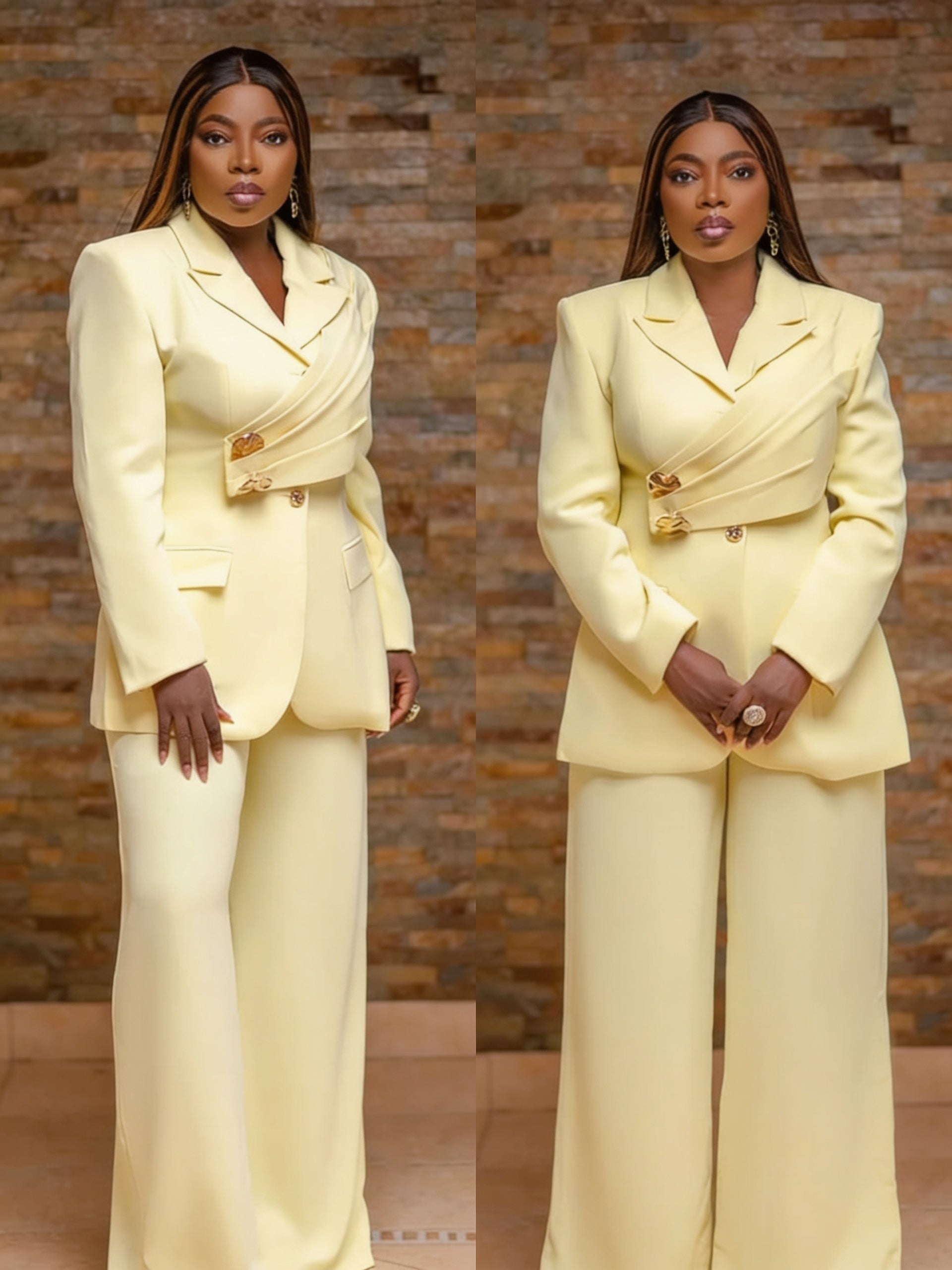 Ensemble 2 Pièces Tailleur Blazer Croisé Boutons Dorés et Pantalon Large - Jaune Pâle
