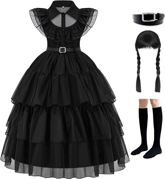 Girls Black Dress up Kids Family Costumes School Rave Halloween Cosplay Party Outfit with Wig Socks Belt