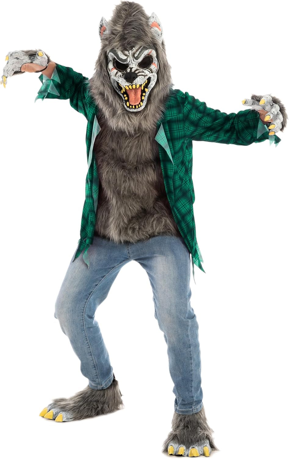Boy Howling Werewolf Deluxe Costume with Mask, Werewolf Claws Gloves, Boot Covers, Wolf Costume Kids