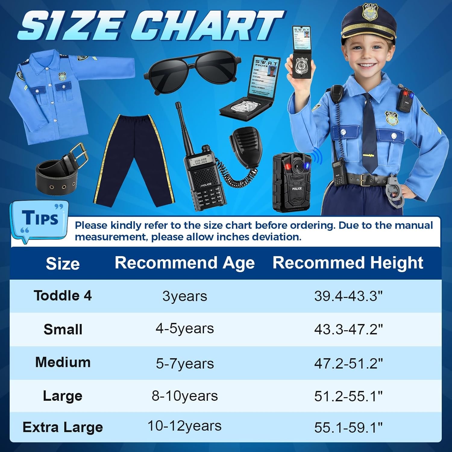 Police Costume for Kids, Kids Police Officer Costume for Boys with Police Accessories, Halloween Costumes for Boys Girls 3-12