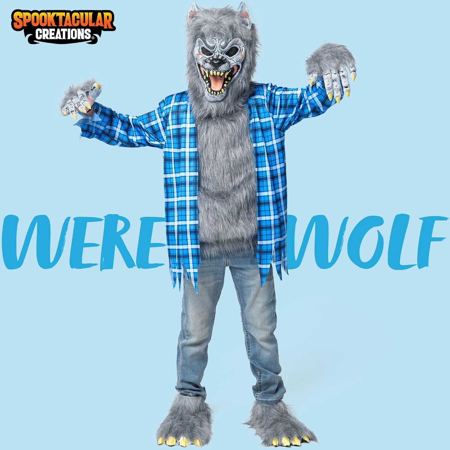 Boy Howling Werewolf Deluxe Costume with Mask, Werewolf Claws Gloves, Boot Covers, Wolf Costume Kids
