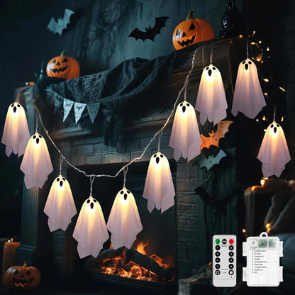 10 LED Ghost Battery Operated Halloween Lights String, 8 Modes Light up Ghost Decorations, Scary Halloween Decorations Indoor Outdoor for Party, Haunted House, Fireplace, Porch