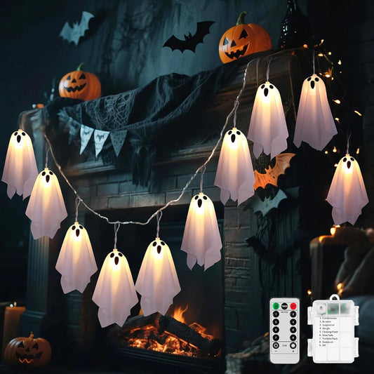 10 LED Ghost Battery Operated Halloween Lights String, 8 Modes Light up Ghost Decorations, Scary Halloween Decorations Indoor Outdoor for Party, Haunted House, Fireplace, Porch