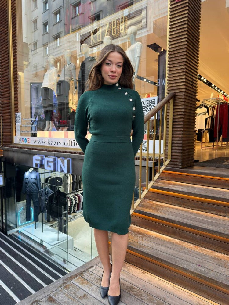 Robe midi verte col montant - détail
