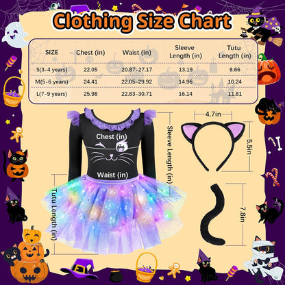 Cat Costume for Girls, Light up Black Cat Costume, Halloween Animal Dress up Costumes for Kids Age 3-9