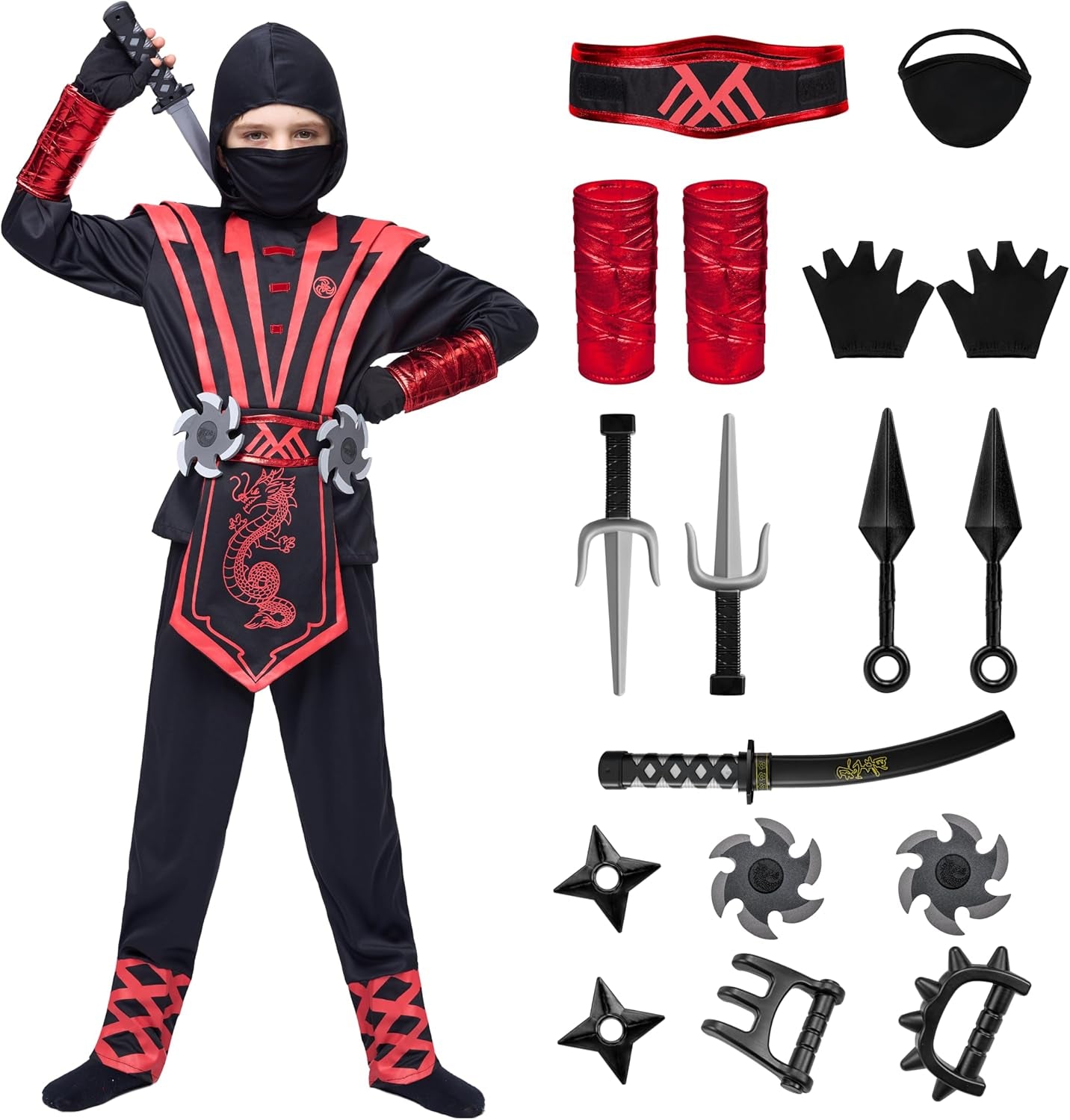 Ninja Deluxe Costume Set with Foam Accessories Toys for Kids Kung Fu Outfit Halloween