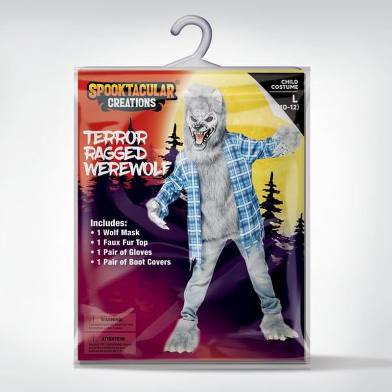 Boy Howling Werewolf Deluxe Costume with Mask, Werewolf Claws Gloves, Boot Covers, Wolf Costume Kids