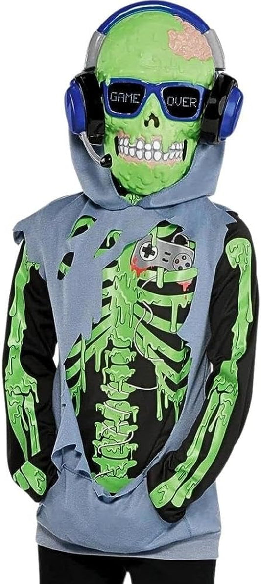 Zombie Gamer Glow in the Dark Halloween Costume for Kids, Medium (8-10), with Mask and Hoodie