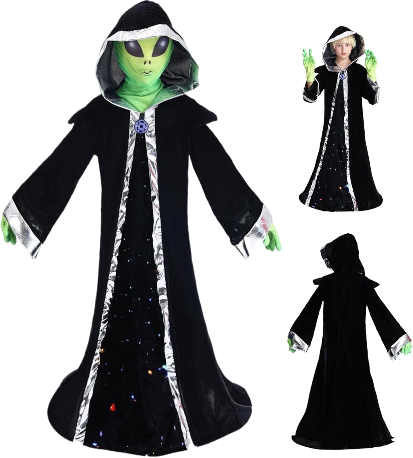 Alien Costume Kids Halloween Outfit - Hooded Robe, Mask, M Size